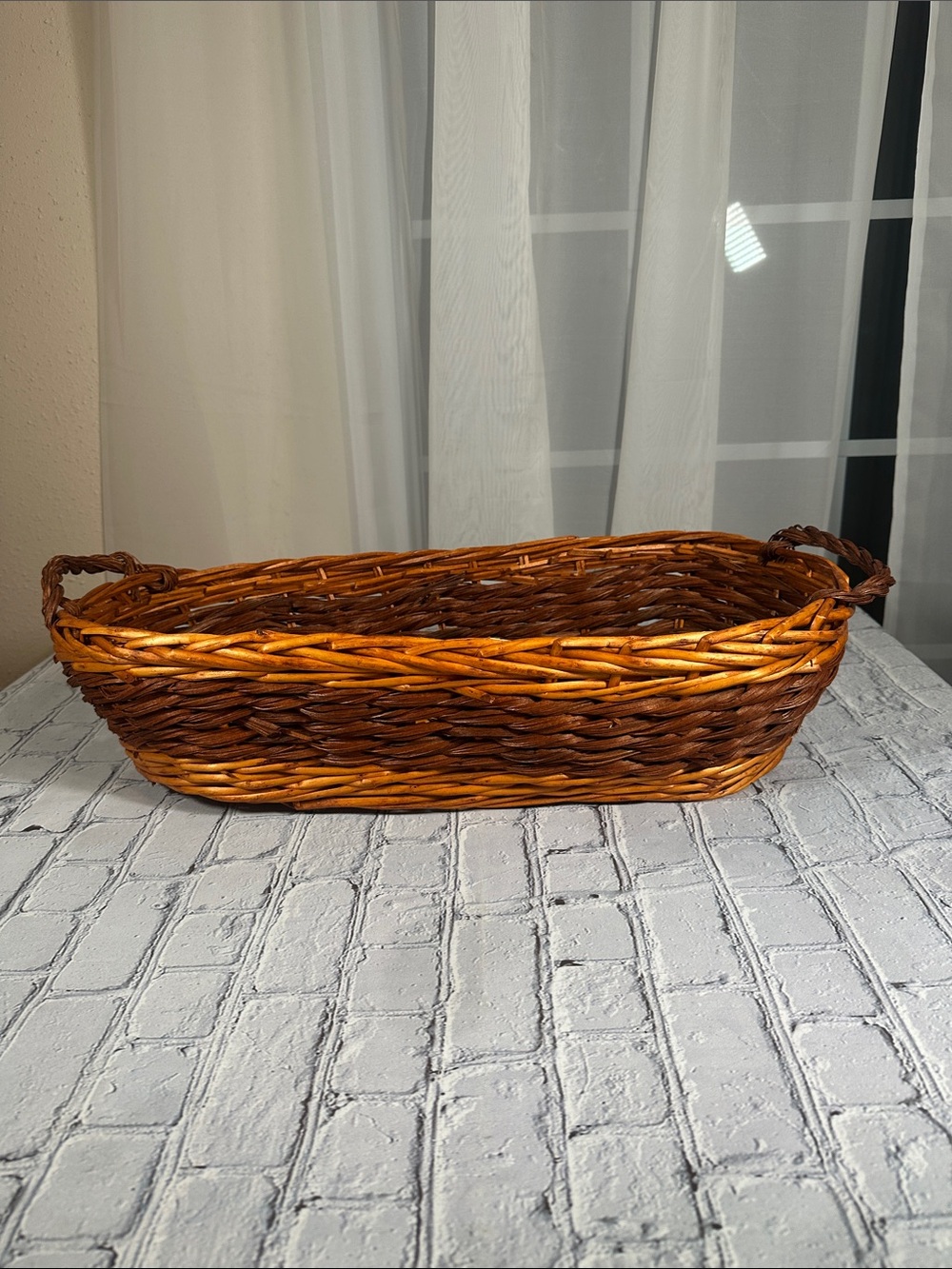 22” Handwoven Oval Wicker Basket with Handles Two-Tone Brown Bread Fruit Basket